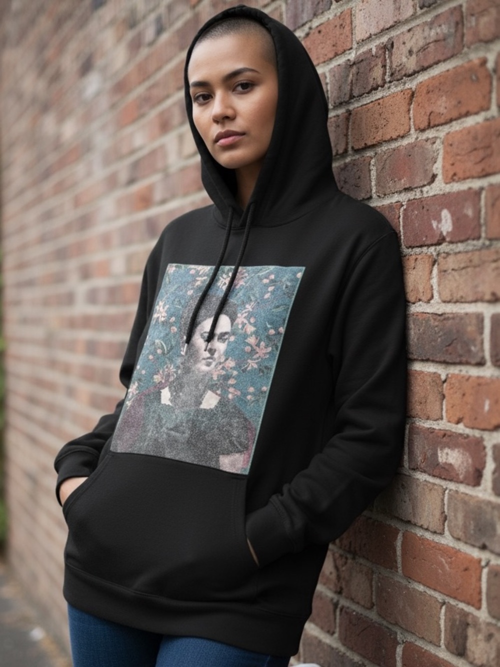 Black Hoodie with Vintage Portrait Graphic